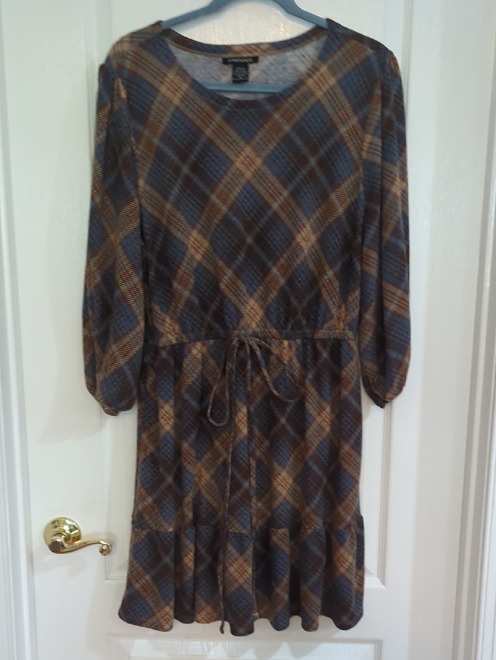 Robert Louis Blue and Brown Plaid Long Sleeve Drawstring Dress XL